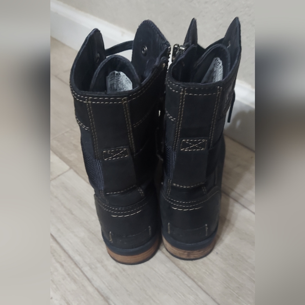 Sorel Emelie Conquest Boots Black Leather Moto Waterproof Shoes Women's Size 7.5 - Picture 3 of 7